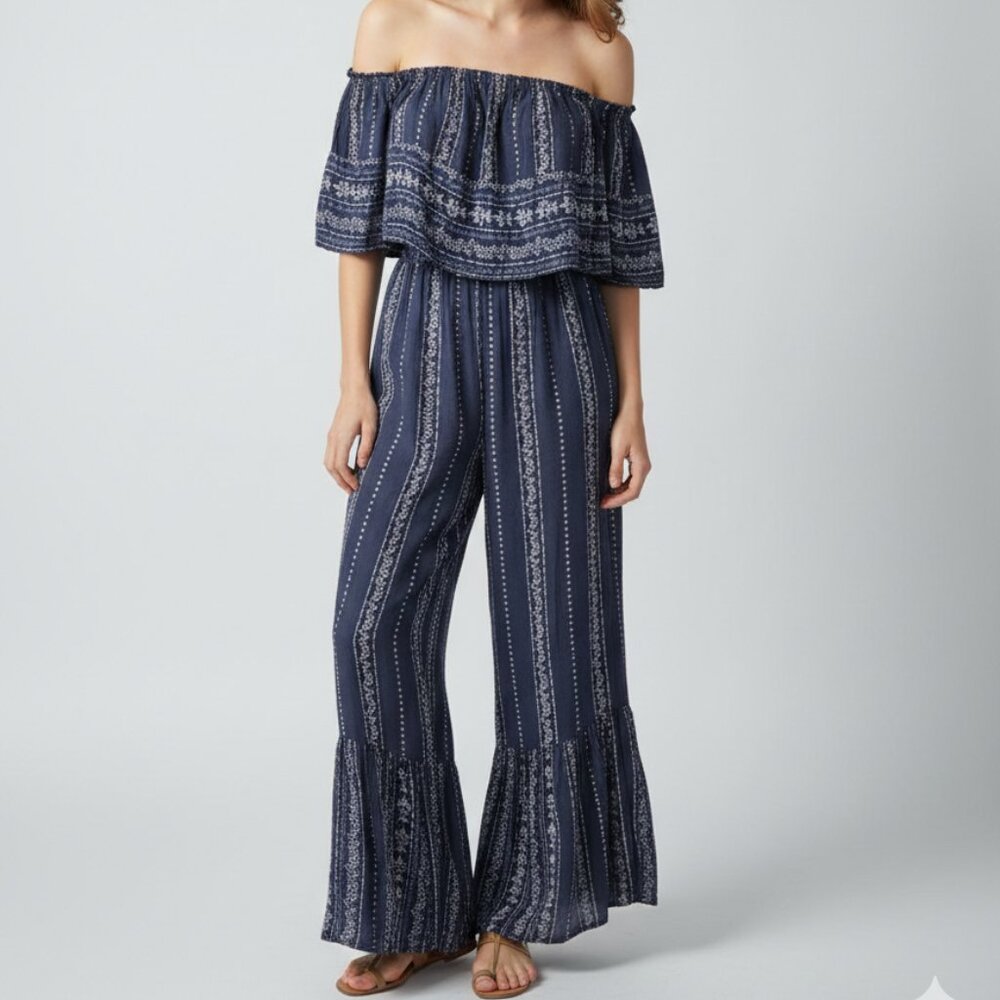 Japna Jumpsuit Strapless Blue Stripes Boho Festival Cottage M
